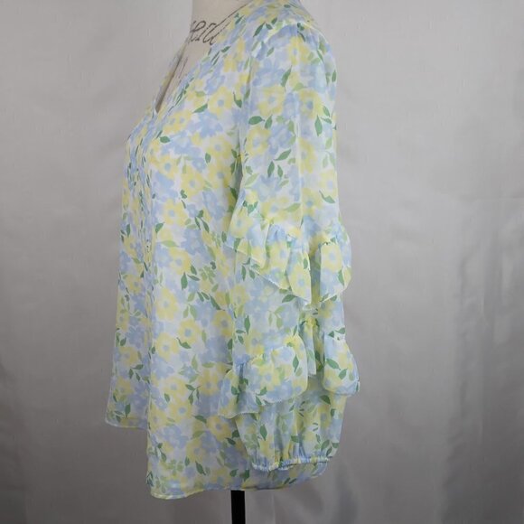 Calvin Klein | Floral V Neck Ruffled Sleeves Chiffon Blouse Yellow Blue | Size S - Picture 5 of 10